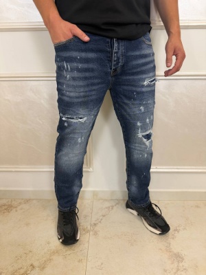 Мъжки тъмносини дънки Slim Fit с накъсан ефект и пръски