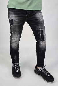 Мъжки черни дънки Slim Fit с накъсан и напръскан ефект - Img 2