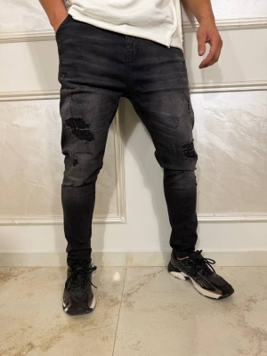 Мъжки тъмносиви дънки slim fit с накъсан ефект MD76
