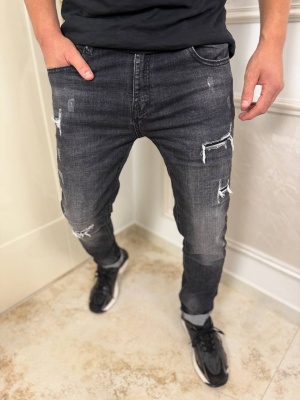 Мъжки тъмносиви дънки Slim Fit с накъсан и избелен ефект