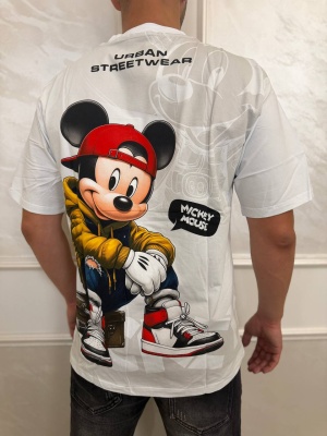 Мъжка тениска в бяло Mickey с щампа и надписи
