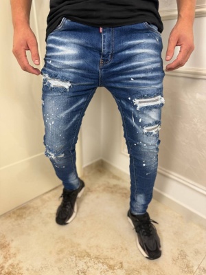 Мъжки сини дънки Slim Fit с накъсан ефект и пръски