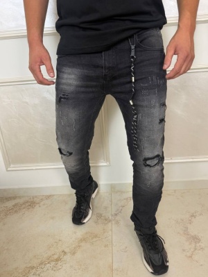 Мъжки тъмносиви дънки Slim Fit с накъсан ефект и избелване