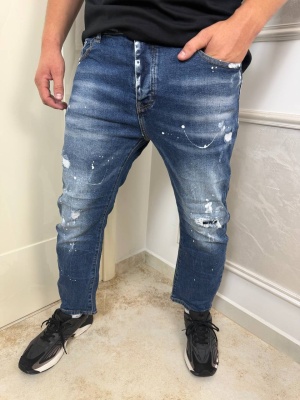 Мъжки сини дънки boyfriend fit с изтъркан ефект и пръски