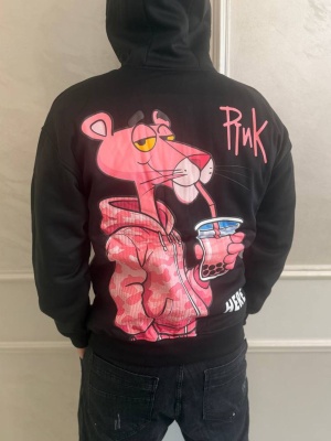 Мъжки суитшър с цип в черен цвят с щампа на гърба Pink HD75