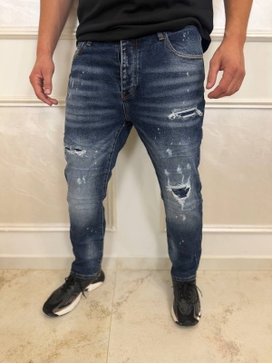 Мъжки тъмносини дънки Slim Fit с накъсан ефект и пръски