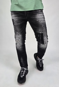 Мъжки черни дънки Slim Fit с накъсан и напръскан ефект - Img 1