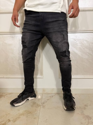Мъжки тъмносиви дънки slim fit с накъсан ефект MD76