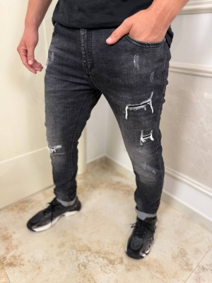 Мъжки тъмносиви дънки Slim Fit с накъсан и избелен ефект