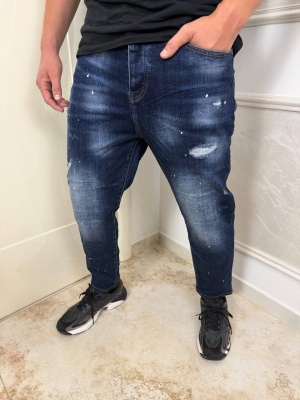 Мъжки тъмносини дънки Boyfriend Fit с леко накъсан ефект и пръски