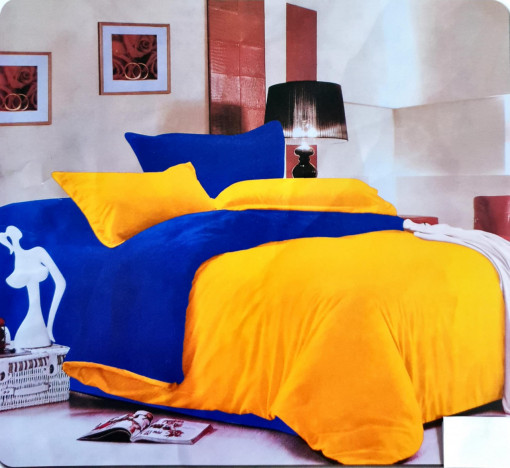 Lenjerie De Pat /2 Persoane/ Finet Gros/ 2 Fete/ 4 Piese/ Bicolor /Galben/Albastru /HOM-5183