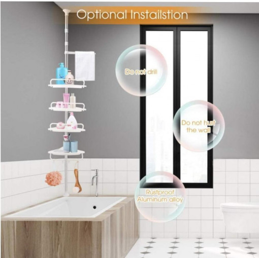 Etajera/Organizator Pentru Baie, 4 Polite, Montare Colt, Inaltime Reglabila 1-3,20 ALB HOMTW-302