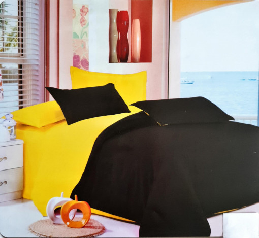 Lenjerie De Pat/2 Persoane/Finet Gros/ 2 Fete /4 Piese/Bicolor /Negru/ Galben /HOM-5198