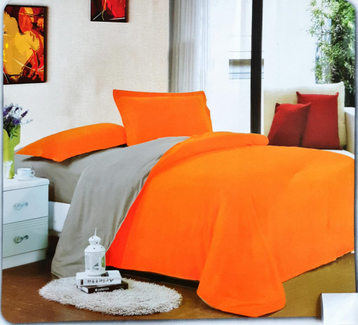 Lenjerie De Pat /2 Persoane/Finet Gros/ 2 Fete/ 4 Piese/Bicolor /Portocaliu/Crem/ HOM-5185
