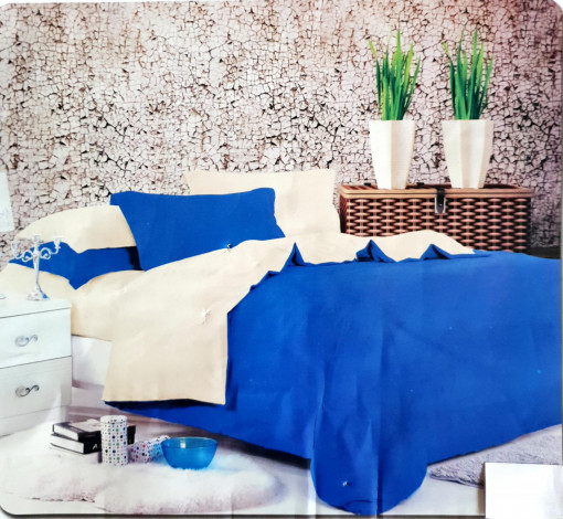 Lenjerie De Pat/ 2 Persoane/ Finet Gros/2 Fete /4 Piese/Bicolor /Bleumarin/ALB /HOM-5187