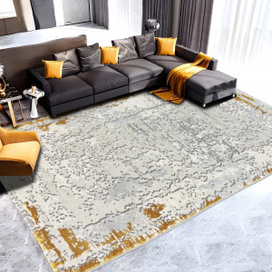 Covor Modern Antik Elegant Gri Auriu Chenar - Living, Dining, Dormitor, Hol