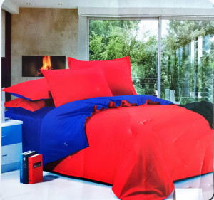 Lenjerie De Pat /2 Persoane/ Finet Gros/2 Fete /4 Piese/ Bicolor/ Albastru/Rosu /HOM-5003