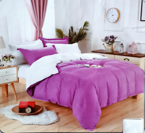 Lenjerie De Pat/ 2 Persoane/Finet Gros/ 2 Fete/ 4 Piese/Bicolor /Alb/Lila /HOM-5192