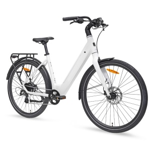 Bicicletă electrică urbană MS Energy Zorya C50, motor Ananda M131 de 250 W, cuplu 42 Nm, viteză maximă 25 km/h, autonomie 55–80 km, baterie 36 V, 10 Ah, 360 Wh, 8 viteze Shimano, Alb