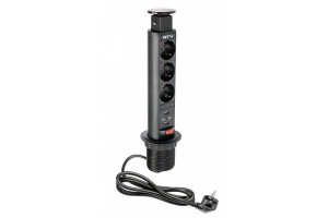 Priză electrică rotundă tip schuko, 3 locașuri, 2x usb, negru