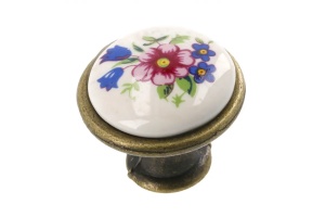 Buton de porțelan J4 alamă antică R-floare roz