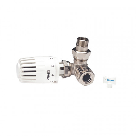 Set termostatic Herz, alcatuit din robinet cu ventil termostatic in 3 axe (AB), filet exterior, cap termostatic Projekt si conectori (pentru teava de CU de 15 sau PexAl de 16)