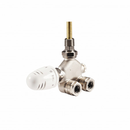 Set termostatic Herz format din robinet cu ventil termostatic portprosop, DN 15 (1/2"), model coltar, cap termostatic Mini si conectori pentru teava de CU, cod 17784411921609803
