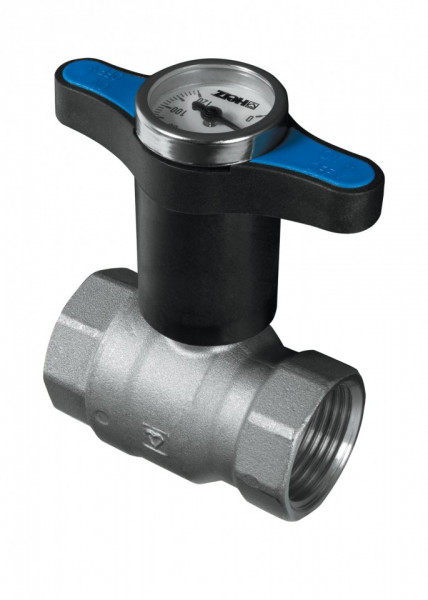 Robinet cu sfera Herz, maneta albastra tip T, cu termometru, FIxFI, PN 25, DN 25 (1''), cod 1 2201 73