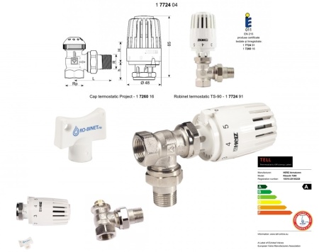 Set termostatic Herz Project, model coltar 1/2, alcatuit din robinet cu ventil termostatic coltar, TS-90-M28x1,5-1/2 si cap termostatic Project M28x1,5, cod 1 7724 04
