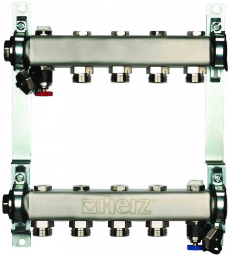 Set distribuitoare inox Herz Armaturen pentru radiatoare, cu inchidere, DN25, G3/4, cu 5 cai, cod 1 8634 05