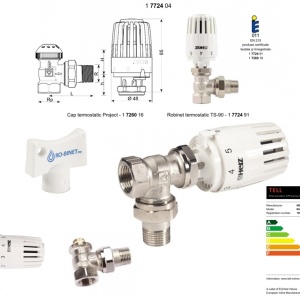 Set termostatic Herz Project, model coltar 1/2, alcatuit din robinet cu ventil termostatic coltar, TS-90-M28x1,5-1/2 si cap termostatic Project M28x1,5, cod 1 7724 04