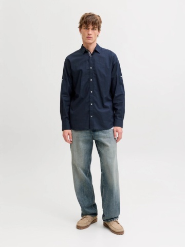 Jack & Jones Camasa barbati, Regular fit, Henry, din bumbac, Bleumarin inchis - Img 6
