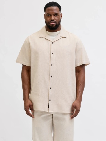 Jack & Jones Plus Camasa Waffle, barbati big sizes, din bumbac, Resort Shirt, Bej