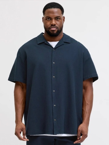 Jack & Jones Plus Camasa Waffle, barbati big sizes, din bumbac, Resort Shirt, Bleumarin inchis
