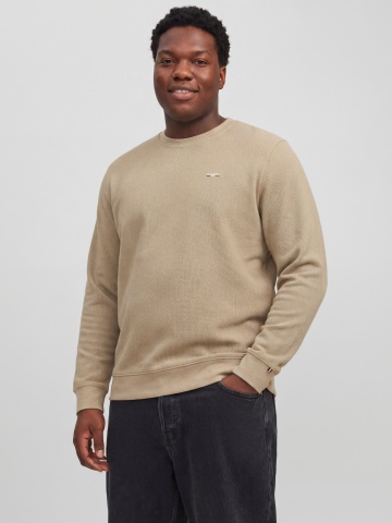 Jack & Jones Plus Pulover barbati din bumbac organic, decolteu la baza gatului, Regular Fit, JPRBLUALVES, Bej
