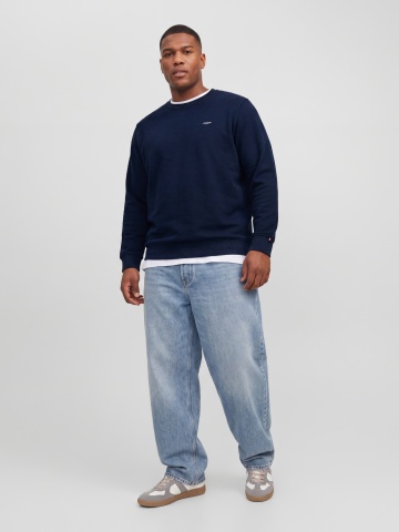 Jack & Jones Plus Pulover barbati din bumbac organic, decolteu la baza gatului, Regular Fit, JPRBLUALVES, Bleumarin inchis - Img 5