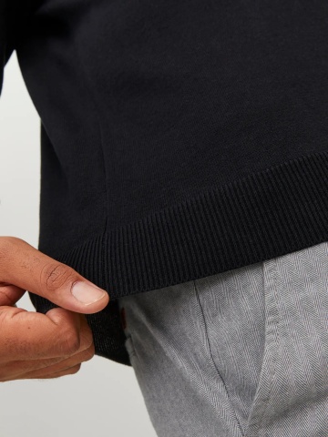 Jack & Jones Plus Pulover tricotat barbati big sizes, din bumbac organic, cu decolteu la baza gatului, Regular Fit, JJEBASIC, Negru - Img 4