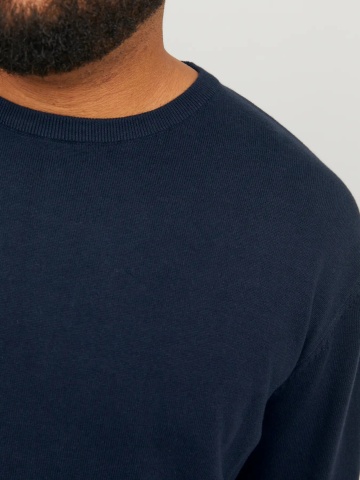 Jack & Jones Plus Pulover tricotat barbati big sizes, din bumbac organic, cu decolteu la baza gatului, Regular Fit, JJEBASIC, Bleumarin inchis - Img 3