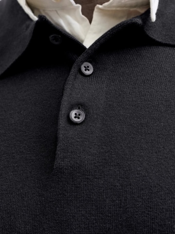Jack & Jones Plus Pulover tricotat barbati big sizes, din bumbac organic, guler polo, JJEBASIC, Regular Fit, Negru - Img 4