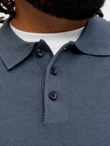 Jack & Jones Plus Pulover tricotat barbati big sizes, din bumbac organic, guler polo, JJEBASIC, Regular Fit, Gri albastrui - Img 4