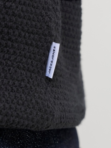 Jack & Jones Plus Pulover tricotat barbati big sizes, din bumbac organic, decolteu la baza gatului, JJERYDER, Regular Fit, Negru - Img 5