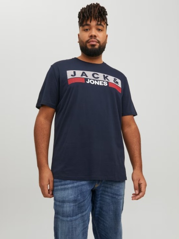 Jack & Jones Plus Tricou la baza gatului, barbati big sizes, din bumbac organic, Regular Fit, Bleumarin inchis