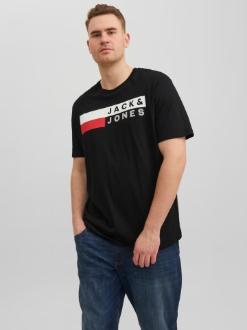 Jack & Jones Plus Tricou la baza gatului, barbati big sizes, din bumbac organic, Regular Fit, Negru