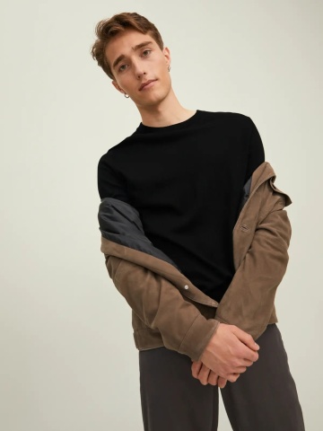 Jack & Jones Pulover simplu tricotat barbati, din lana merinos, decolteu la baza gatului, JPRMERINO, Negru - Img 3