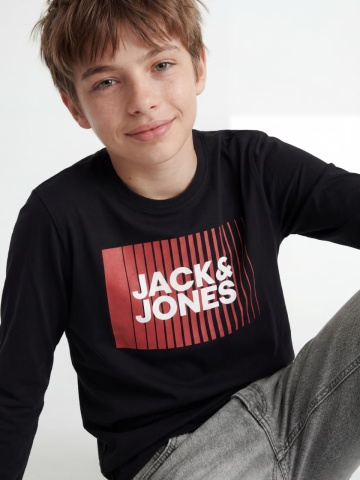 Jack & Jones Tricou baieti la baza gatului, cu maneca lunga, din bumbac organic, Regular fit, Negru - Img 5