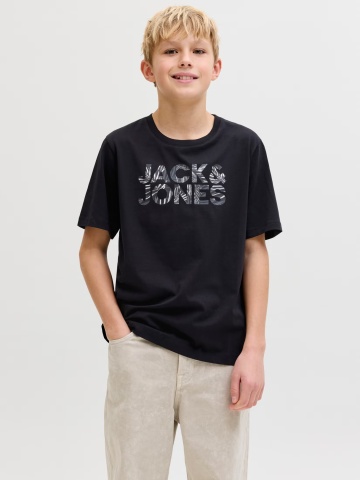 Jack & Jones Tricou cu decolteu la baza gatului, baieti, imprimeu cu logo, Regular fit, Negru