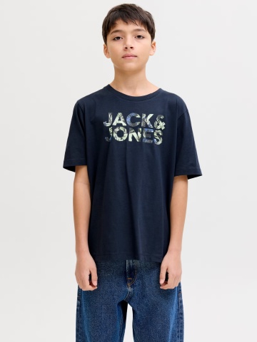 Jack & Jones Tricou cu decolteu la baza gatului, baieti, imprimeu cu logo, Regular fit, Bleumarin inchis