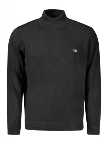 Pulover cu guler inalt barbati, cu mini logo brodat, Regular fit, negru - Img 1