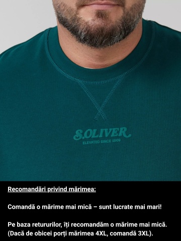 s.Oliver Big Sizes Bluza barbati big sizes cu decolteu la baza gatului, logo, Regular Fit, Verde inchis - Img 3