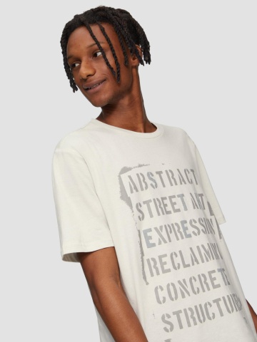 Tricou barbati din bumbac cu imprimeu cu text si croiala Regular Fit, Crem - Img 3